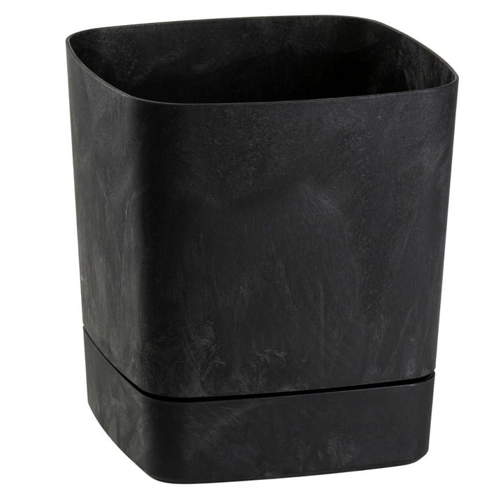 Ghiveci Patrat Cu Farfurie, HowHomely, CUBI, Material 100% Reciclat, Aspect Beton Negru, Finisaj Mat, Ideal Pentru Stil Loft Si Modern, Rezistent Si Stabil, Protectie Scurgere Apa, 16x16 cm, Negru Beton