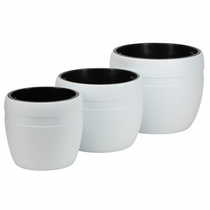 Set 3 Ghivece Gradina, HowHomely, LUNA CLASSIC, Material 100% Reciclat, Forma Rotunjita Cu Banda Decorativa, Rezistent La Inget, Include Insertii Detasabile Cu Sfoara, Ideal Pentru Terasa Si Balcon, Dimensiuni 32.8/40/45.5 cm, Alb