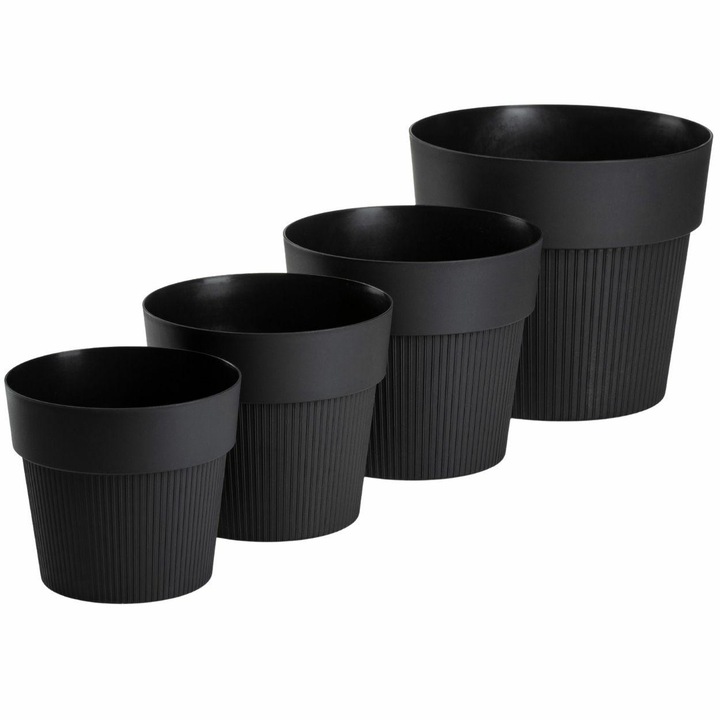 Set 4 Ghivece Rotunde, HowHomely, SILVA LINE, Material 100% Reciclat, Design Modern Cu Striatii Verticale, Finisaj Mat Elegant, Stil Industrial Si Minimalist, Dimensiuni Diverse, 11.5 - 17.4 cm, Negru