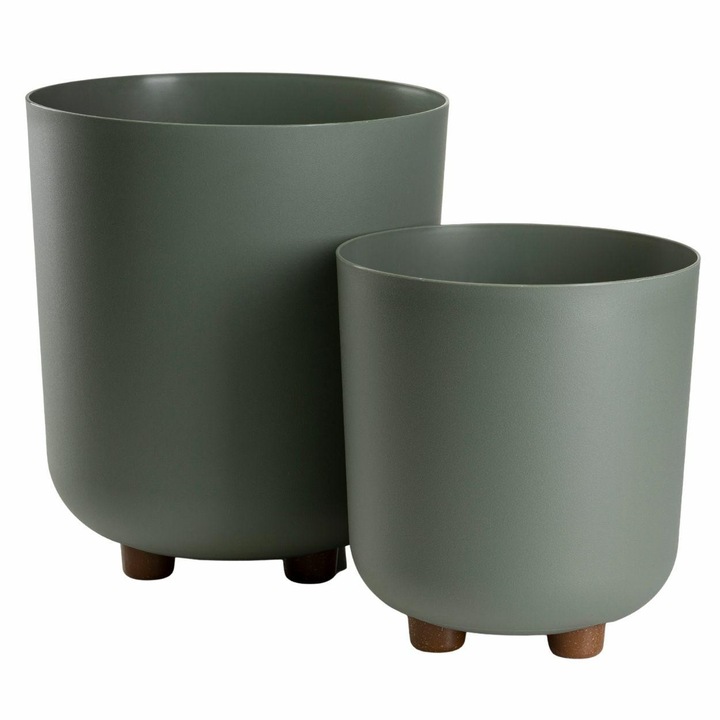 2 db lábon álló virágtartó szett, HowHomely, TERRA, 100% újrahasznosított anyag, modern hengeres forma, fekete betéttel, elegáns és magasított design, ideális beltérre és teraszra, méretek 21/27.4 cm, zöld