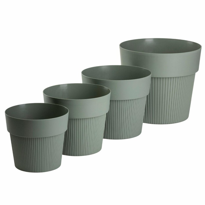 Set 4 Ghivece Rotunde, HowHomely, SILVA LINE, Material 100% Reciclat, Design Modern Cu Striatii Verticale, Finisaj Mat Elegant, Stil Industrial Si Minimalist, Dimensiuni Diverse, 11.5 - 17.4 cm, Verde