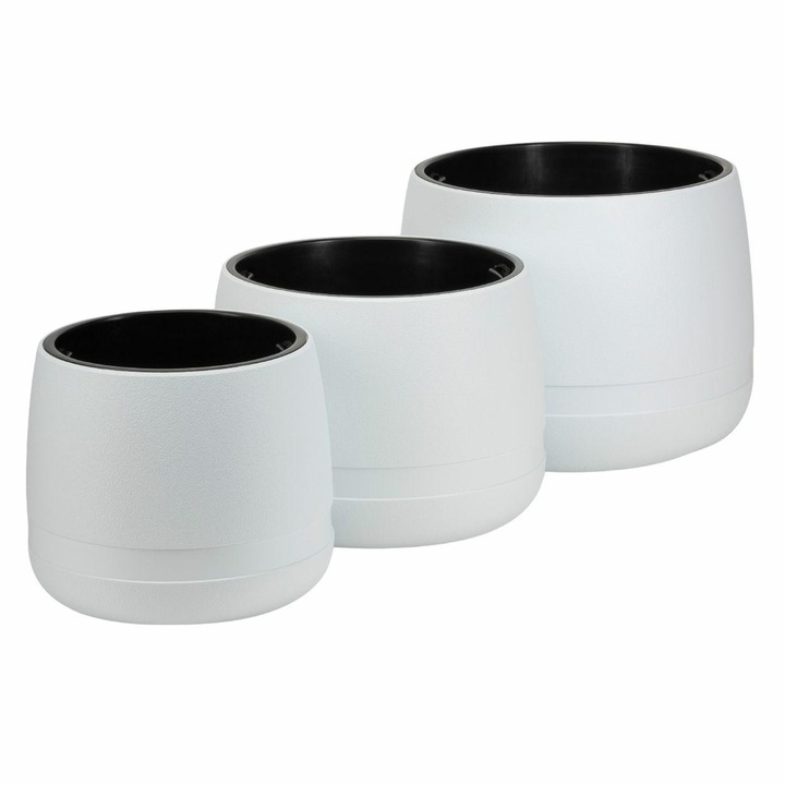 Set 3 Ghivece Gradina, HowHomely, LUNA WAZA, Material 100% Reciclat, Forma Rotunjita Eleganta Cu Banda Decorativa, Rezistent La Inget, Include Insertii Detasabile Cu Sfoara, Ideal Pentru Terasa Si Balcon, Dimensiuni 34.8/42/48 cm, Alb