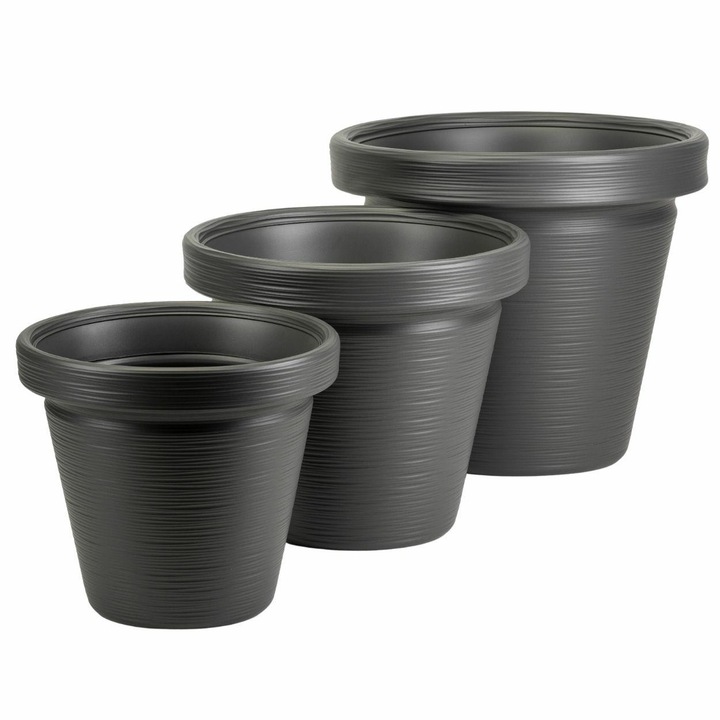 Set 3 Ghivece Mari De Gradina, HowHomely, STRIA RIFLO, Material 100% Reciclat, Textura Daltuita Moderna, Rezistente La Inget (-40°C), Ideale Pentru Terasa Si Exterior, Forma Clasica Elevata, Dimensiuni Diverse 34/40/48 cm, Antracit