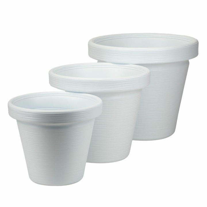 Set 3 Ghivece Mari De Gradina, HowHomely, STRIA RIFLO, Material 100% Reciclat, Textura Daltuita Moderna, Rezistente La Inget (-40°C), Ideale Pentru Terasa Si Exterior, Forma Clasica Elevata, Dimensiuni Diverse 34/40/48 cm, Alb