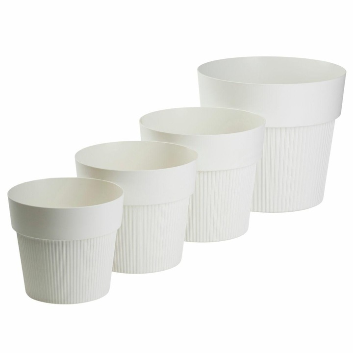 Set 4 Ghivece Rotunde, HowHomely, SILVA LINE, Material 100% Reciclat, Design Modern Cu Striatii Verticale, Finisaj Mat Elegant, Stil Industrial Si Minimalist, Dimensiuni Diverse, 11.5 - 17.4 cm, Crem