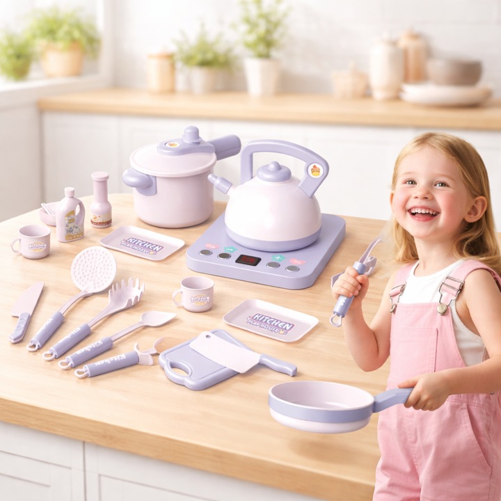 Комплект Аксесоари за Кухня за Деца KidProtect® Miss Chef, Функционален Електрически Котлон, Тенджера, Кана, Тиган, 32 Аксесоара, Без BPA, Симулация на Готвене, Лилав