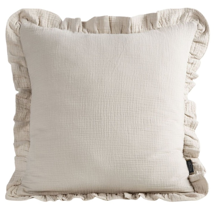 Ata De Perna Decorativa, Eurofirany, Muslin 1, Din Bumbac 100% Cu Textura Aerata Si Volan Decorativ, Material Moale Si Placut La Atingere, Stil Romantic Si Natural, Ideala Pentru Dormitor Sau Camera Copilului, 45x45 Cm, Bej