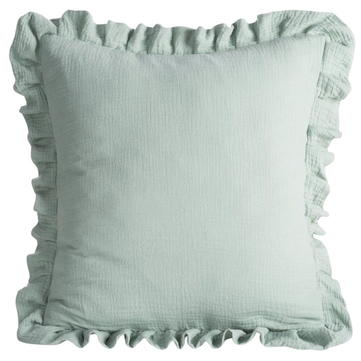 Ata De Perna Decorativa, Eurofirany, Muslin 1, Din Bumbac 100% Cu Textura Aerata Si Volan Decorativ, Material Moale Si Placut La Atingere, Stil Romantic Si Natural, Ideala Pentru Dormitor Sau Camera Copilului, 45x45 Cm, Mentol