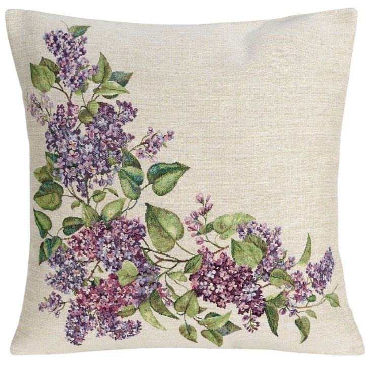 Fata De Perna Decorativa Din Goblen, Eurofirany, 1424/NA1, Model Cu Flori De Liliac Si Textura Groasa Rezistenta, Tesatura Jacquard Eleganta, Fermoar Practic, Stil Clasic Si Modern De Primavara, 45x45 Cm, Multicolor