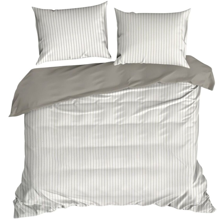 Ágynemű, Eurofirany, Raya, Szanforizált Pamutszatén, Kétoldalas Fehér-Szürke Csíkos Dizájn, Digitális Nyomtatás, Puha Textúra Finom Fénnyel, Cipzáras Záródás, 1 Paplanhuzat 220x200 Cm, Szürke