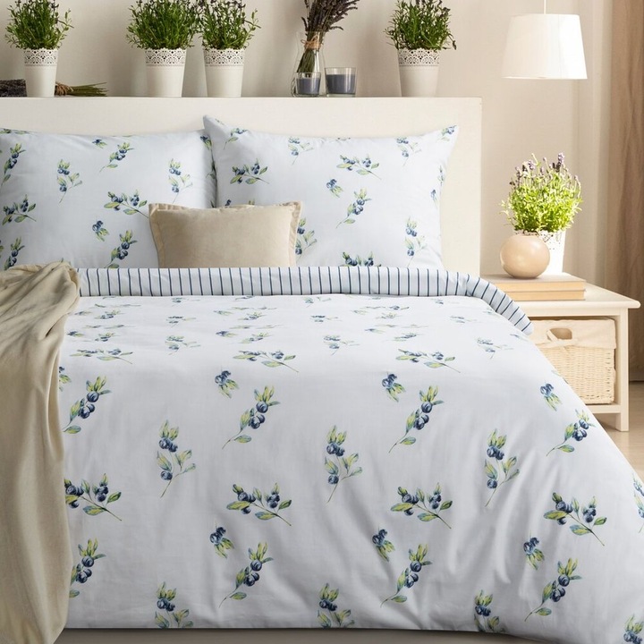 Спално бельо, Eurofirany, Raya, Саниран Памучен Сатен, Двулицев Дизайн на Ивици и Плодове, Дигитален Печат, Мека Текстура, Цип, 1 Чаршаф за Олекотена Завивка 140x200 + 1 Калъфка за Възглавница 70x80 см, Модерен и Елегантен Стил, Тъмносин