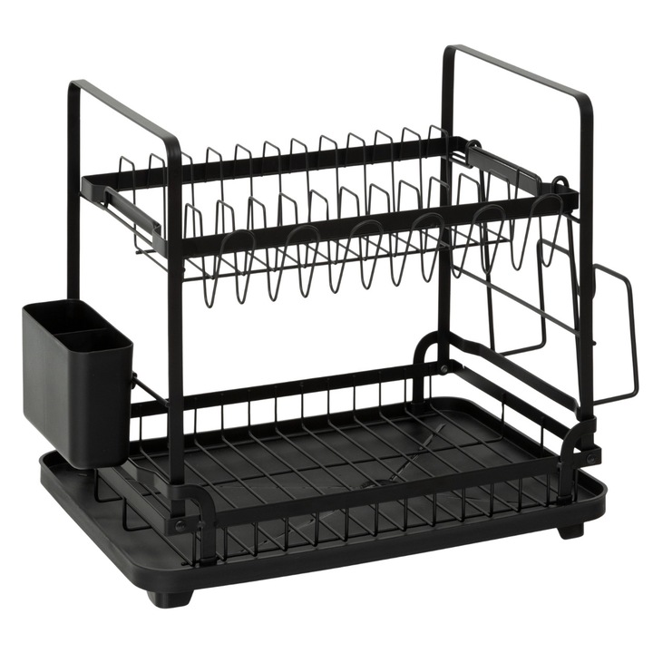 Uscator Vase, 5five Simply Smart, 2 Niveluri, Constructie Metalica Stabila Cu Scurgator Si Suport Tacamuri, Sistem Complet De Organizare Pentru Bucatarie, Design Modern Si Functional, 49.5x37x30 Cm, Negru