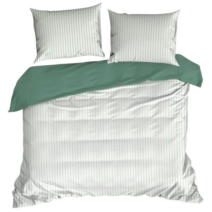 Спално Бельо, Eurofirany, Raya, Сатен Памук Санфоризиран, Дизайн Лице-Гръб Райета Бяло-Зелено, Дигитален Принт, Мека Текстура с Деликатен Блясък, Затваряне с Цип, 1 Чаршаф за Олекотена Завивка 160x200 См, Зелен
