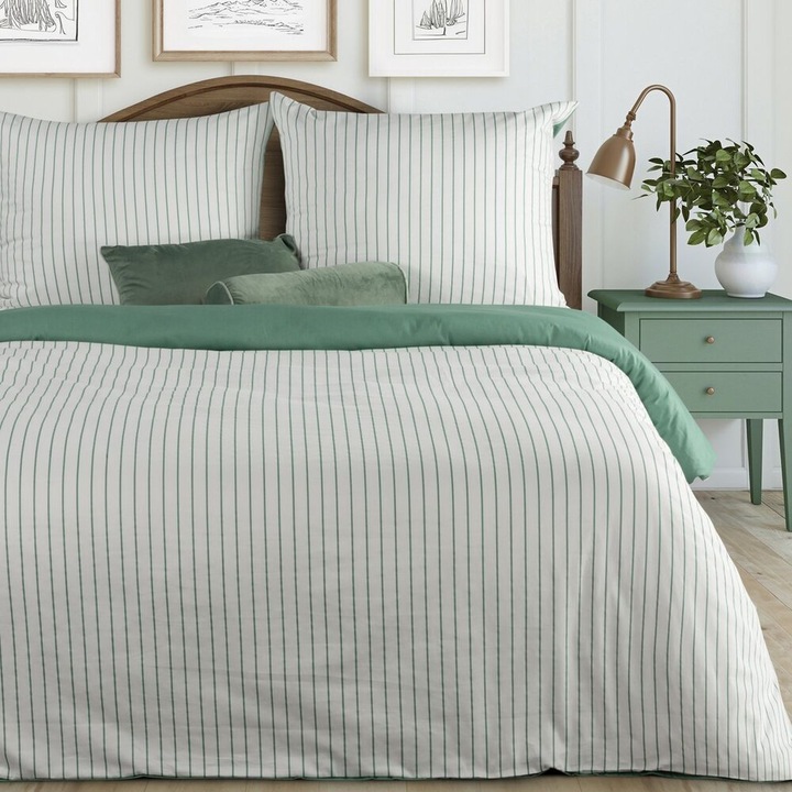 Спално Бельо, Eurofirany, Raya, Сатен Памук Санфоризиран, Дизайн Лице-Гръб Райета Бяло-Зелено, Дигитален Принт, Мека Текстура с Деликатен Блясък, Затваряне с Цип, 1 Чаршаф за Олекотена Завивка 160x200 См, Зелен