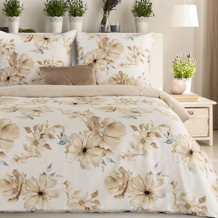 Спално бельо, Eurofirany, Spring/90, фин памучен сатен с флорален десен хибискус, мека и кадифена текстура, устойчив санфоризиран материал, практично затваряне с цип, чаршаф за завивка 160x200 и 2 калъфки за възглавници 70x80 см, бежов