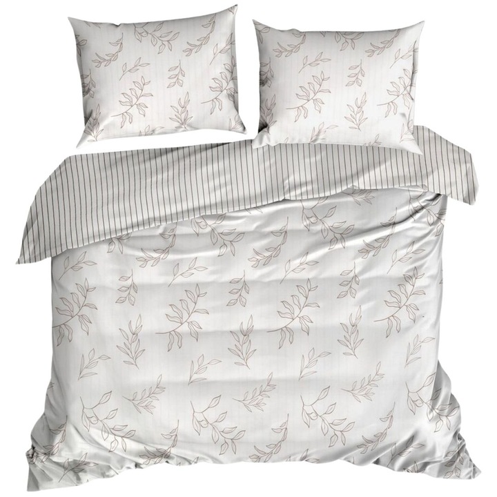 Ágynemű, Eurofirany, Raya, Szanforizált Pamut Szatén, Kétoldalas Csíkos és Levéldesign, Digitális Nyomtatás, Puha Textúra Finom Fénnyel, Cipzáras Záródás, 1 Paplanhuzat 160x200 Cm, Bézs