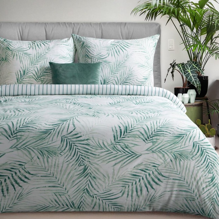 Спално бельо, Eurofirany, Raya, Саниран памучен сатен, Двустранен дизайн на райета и листа, Дигитален печат, Мека текстура с фин блясък, Затваряне с цип, 1 чаршаф за завивка 160x200 см, Зелен