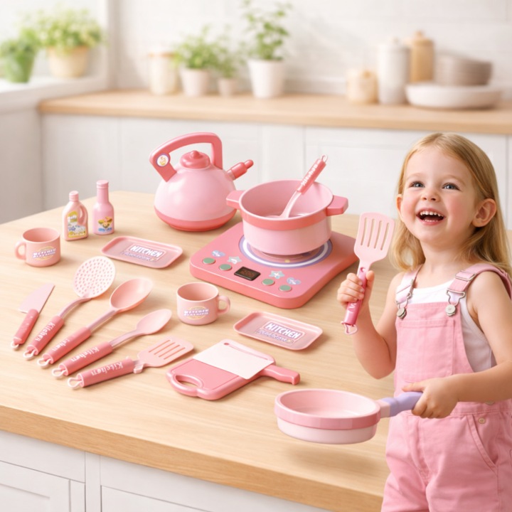 Комплект аксесоари за детска кухня KidProtect® Miss Chef, функционален електрически котлон, тенджера, кана, тиган, 32 аксесоара, без BPA, симулация на готвене, розов