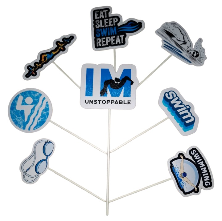 Декорация топер за торта от картон, тематика любители на плуването (swimming lovers) - 8 броя