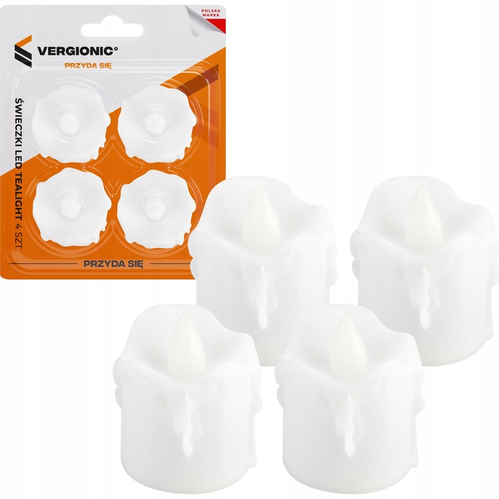 Set 4 lumanari LED Vergionic, efect flacara realista, alb, 4,8x3,7cm
