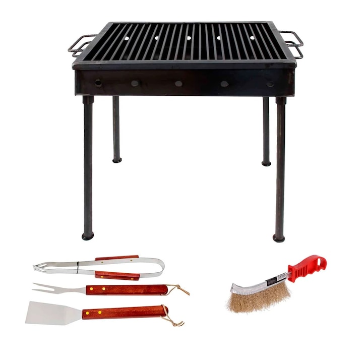 Grătar metalic 50x35cm, FOXMAG24, set cu perie de sârmă și 3 accesorii pentru grătar, carbune, 70cm