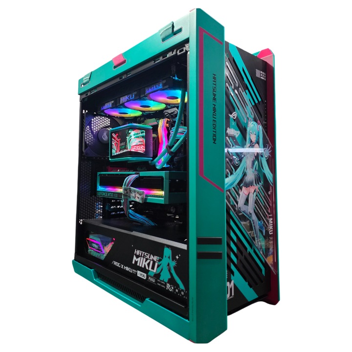 Sistem Asus ROG Hatsune Miku Limited Edition Powered by MCO, AMD Ryzen 7 9800X3D pana la 5.2GHz, 64GB DDR5, 4TB SSD M.2, GeForce® RTX 5080 16GB, Windows 11 PRO