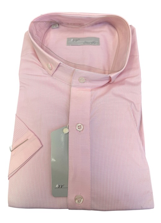 Rózsaszín férfi ing vékony csíkokkal, rövid ujjú, pamut-poliészter, XXL méret 45-46