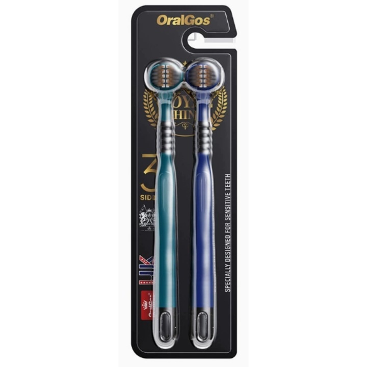 Set de 2 periute de dinti cu 3 laturi, Maner ergonomic, foarte moi, pentru ingrijirea completa a dintilor si gingiilor, Indepartarea reziduurilor alimentare si petelor