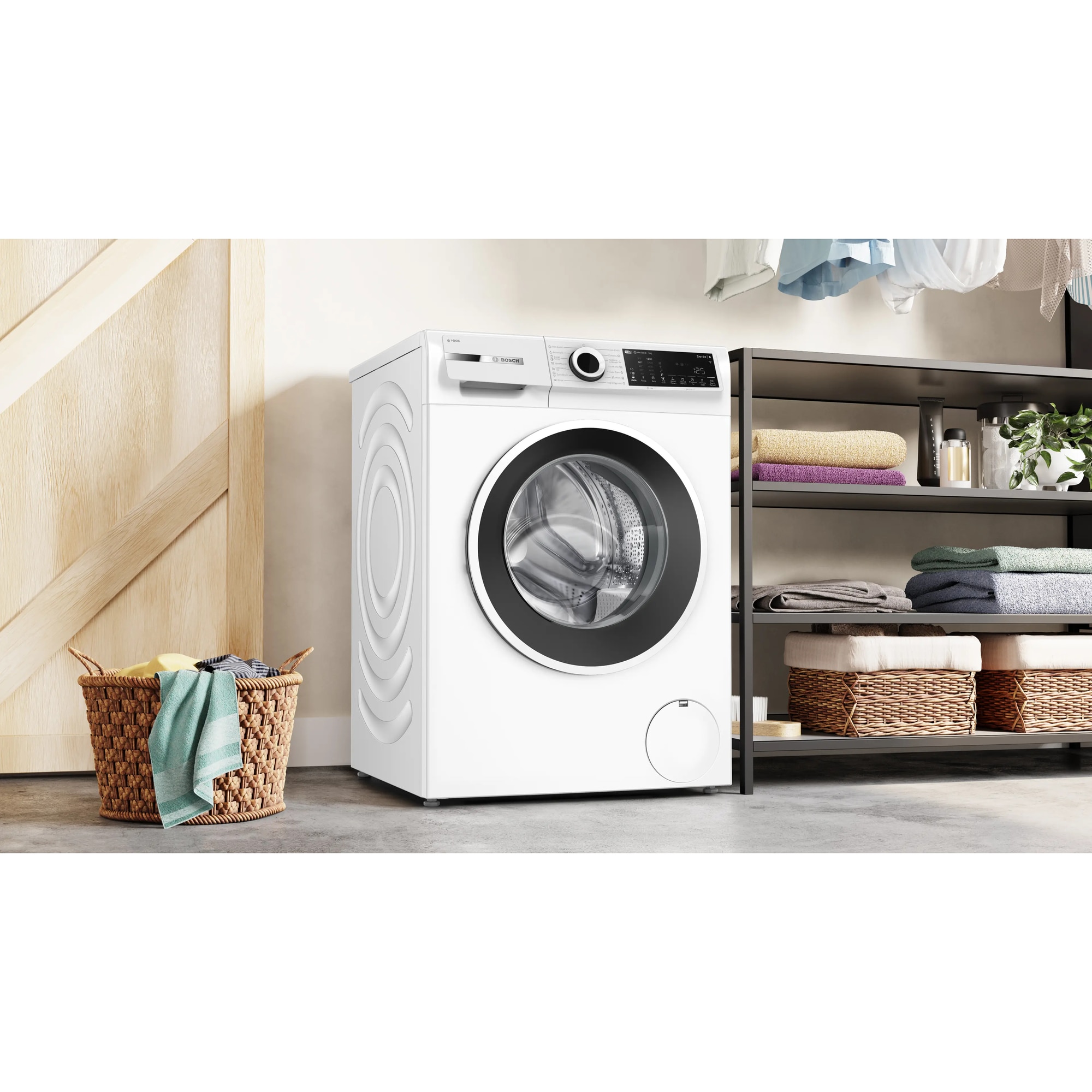 Masina de spalat rufe Bosch WGJ244A2BY, 9 Kg, 1400 RPM, Iron Assist, i-DOS dozare automata, Home Connect, Anti-pete, Control electronic/ display touch inclinat, EcoSilence Drive, Hygiene Plus, Clasa A, 60 cm, Alb