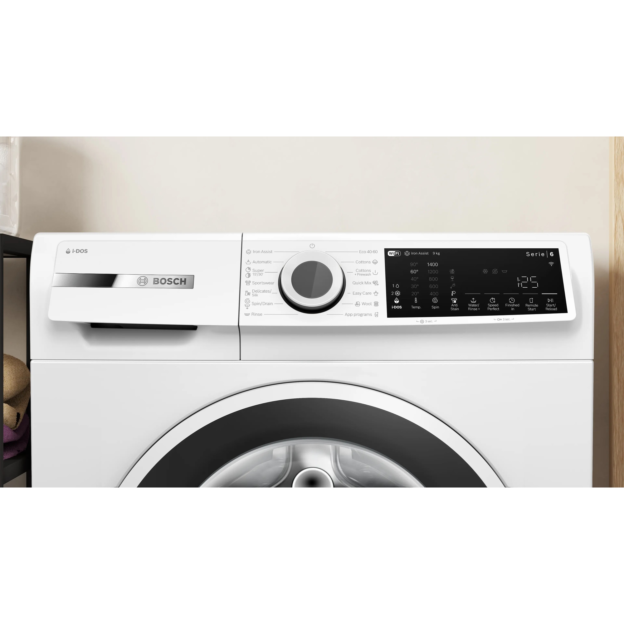 Masina de spalat rufe Bosch WGJ244A2BY, 9 Kg, 1400 RPM, Iron Assist, i-DOS dozare automata, Home Connect, Anti-pete, Control electronic/ display touch inclinat, EcoSilence Drive, Hygiene Plus, Clasa A, 60 cm, Alb