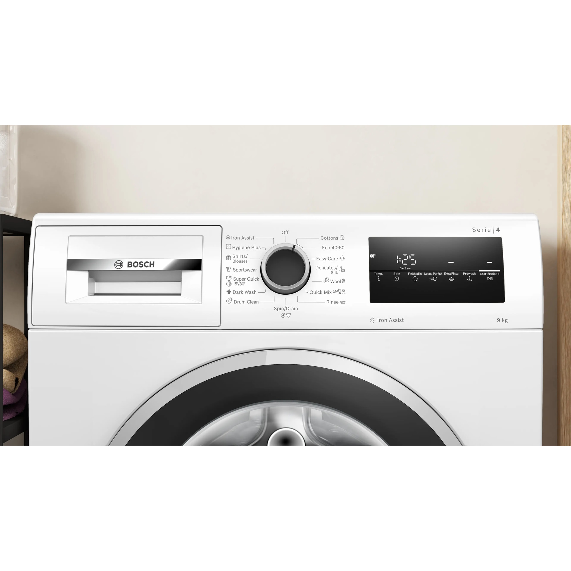 Masina de spalat rufe Bosch WAN2826NBY, 9 Kg, 1400 RPM, EcoSilence Drive, Iron Assist, Hygiene Plus, Control electronic/touch, program Dark colors, Speed Perfect, Clasa A, 60 cm, Alb/Gri