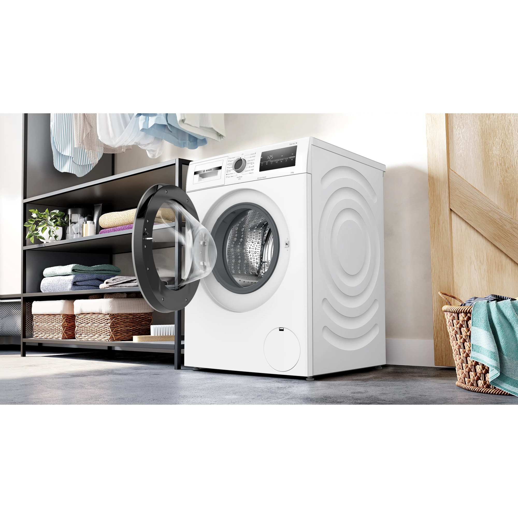 Masina de spalat rufe Bosch WAN2826NBY, 9 Kg, 1400 RPM, EcoSilence Drive, Iron Assist, Hygiene Plus, Control electronic/touch, program Dark colors, Speed Perfect, Clasa A, 60 cm, Alb/Gri