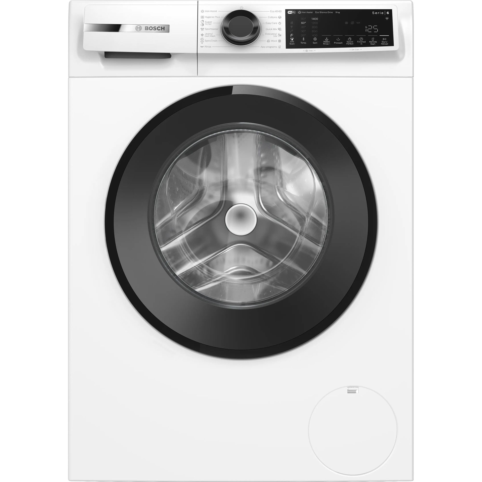 Masina de spalat rufe Bosch WGJ24401BY, 9 Kg, 1400 RPM, EcoSilence Drive, Iron Assist, program Anti-pete, Hygiene Plus, program Dark colors, Control electronic/ display touch inclinat, Home Connect, Clasa A, 60 cm, Alb/gri
