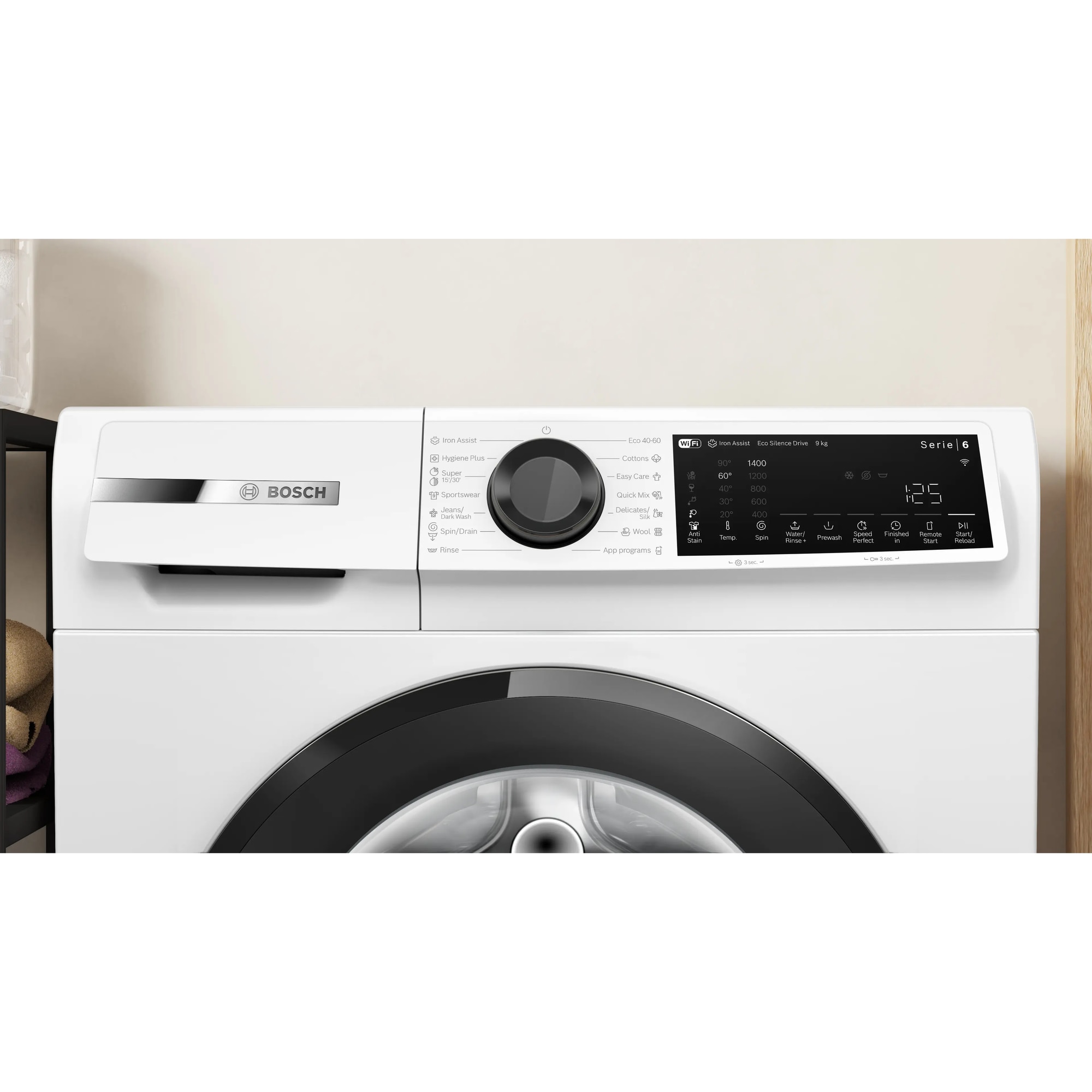 Masina de spalat rufe Bosch WGJ24401BY, 9 Kg, 1400 RPM, EcoSilence Drive, Iron Assist, program Anti-pete, Hygiene Plus, program Dark colors, Control electronic/ display touch inclinat, Home Connect, Clasa A, 60 cm, Alb/gri