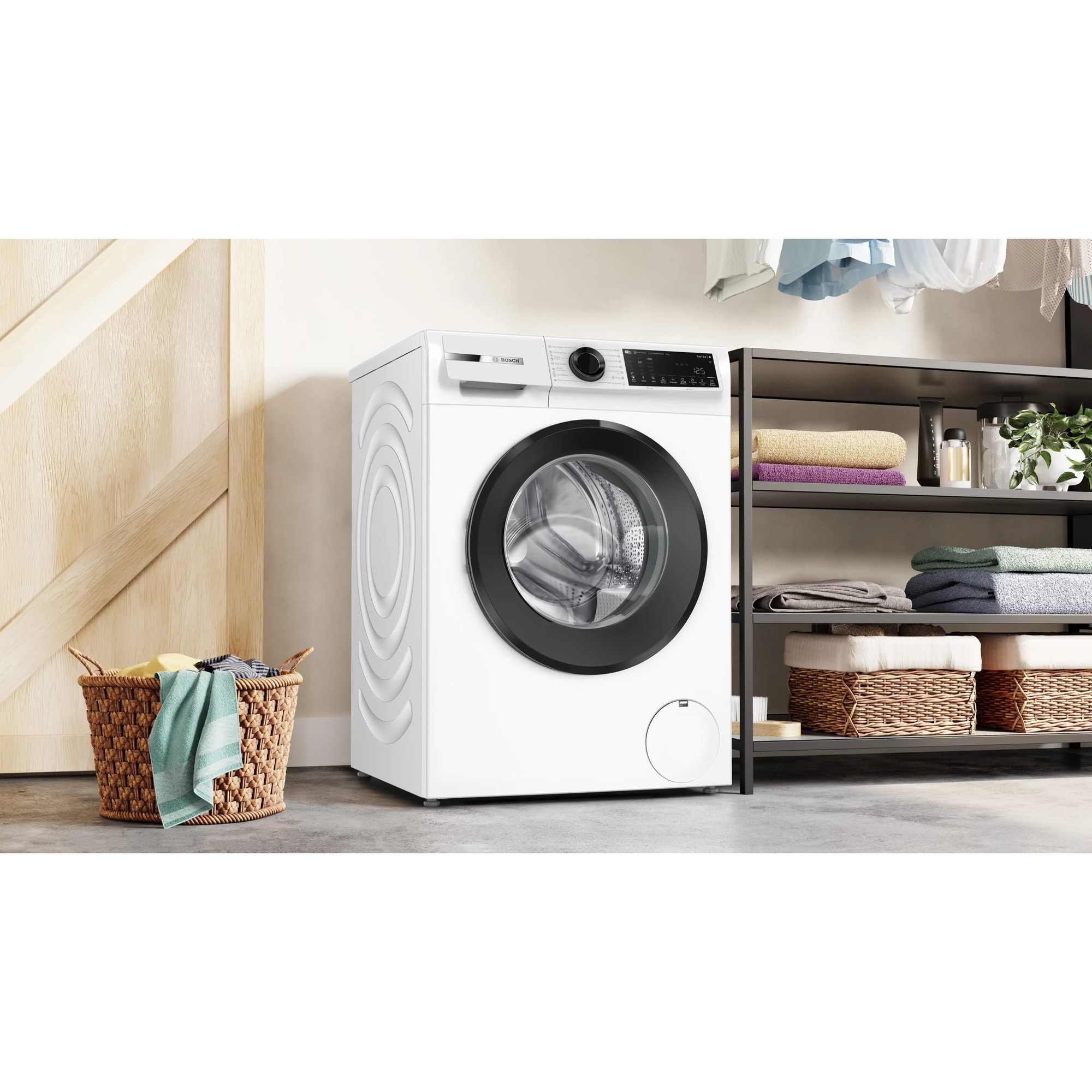 Masina de spalat rufe Bosch WGJ24401BY, 9 Kg, 1400 RPM, EcoSilence Drive, Iron Assist, program Anti-pete, Hygiene Plus, program Dark colors, Control electronic/ display touch inclinat, Home Connect, Clasa A, 60 cm, Alb/gri