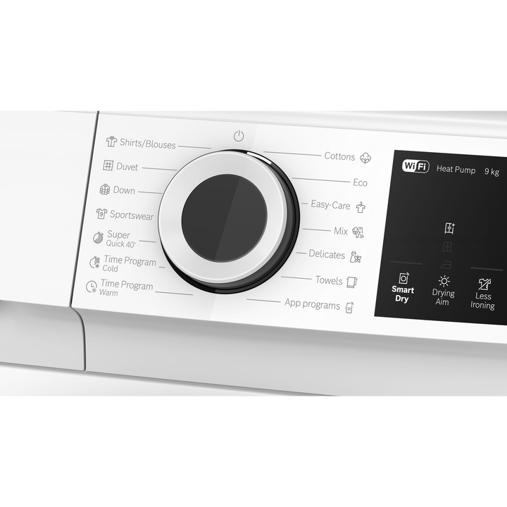 Uscator de rufe Bosch WQJ24200BY, Pompa de caldura, 9 Kg, Easy clean filter, Control electronic/ display touch inclinat, 9 optiuni, Smart Dry, Home Connect, Clasa D, Alb/antracit
