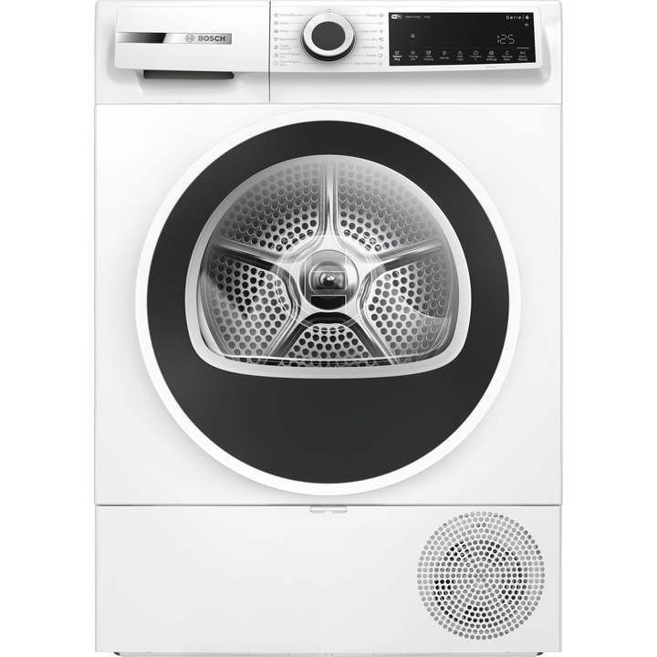 Uscator de rufe Bosch WQJ24200BY, Pompa de caldura, 9 Kg, Easy clean filter, Control electronic/ display touch inclinat, 9 optiuni, Smart Dry, Home Connect, Clasa D, Alb/antracit