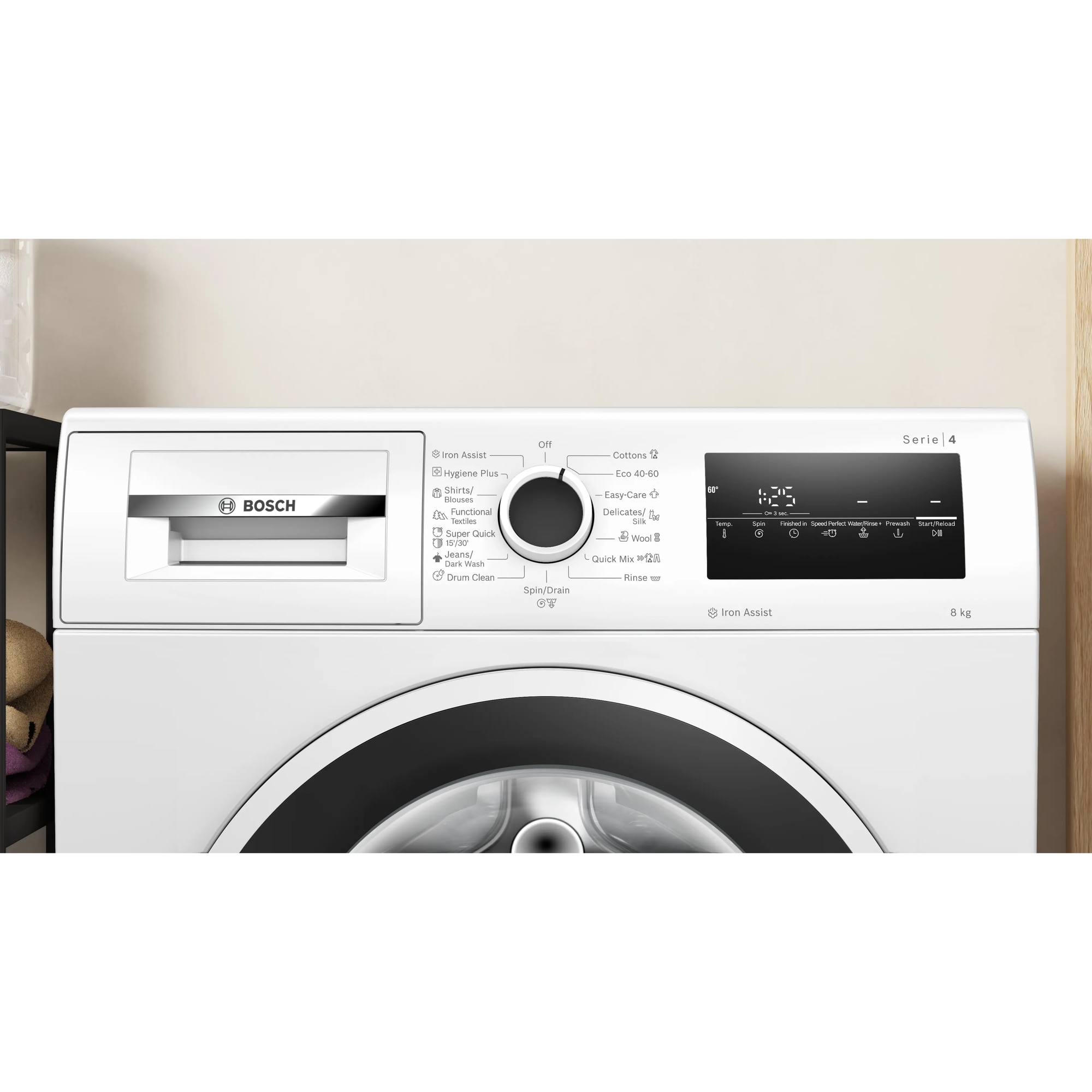 Masina de spalat rufe Bosch WAN2826SBY, 8 Kg, 1400 RPM, Iron Assist, Hygiene Plus, EcoSilence Drive, Control electronic/touch, Speed Perfect, program Dark colors, Clasa A, 60 cm, Alb/antracit