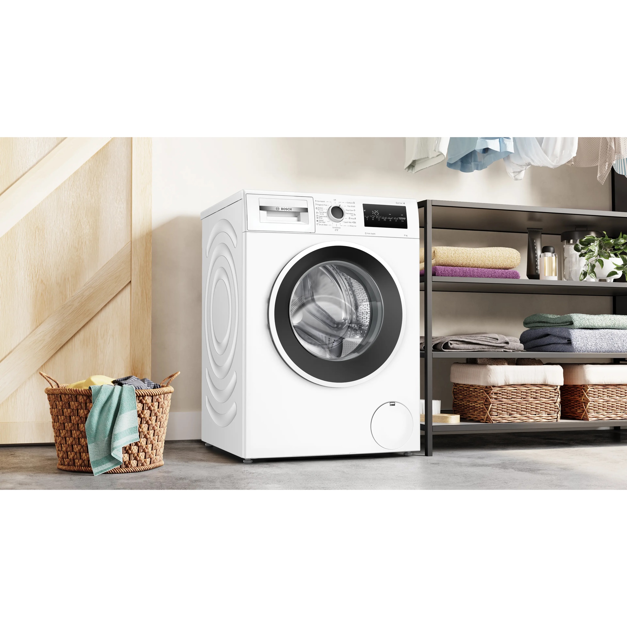 Masina de spalat rufe Bosch WAN2826SBY, 8 Kg, 1400 RPM, Iron Assist, Hygiene Plus, EcoSilence Drive, Control electronic/touch, Speed Perfect, program Dark colors, Clasa A, 60 cm, Alb/antracit