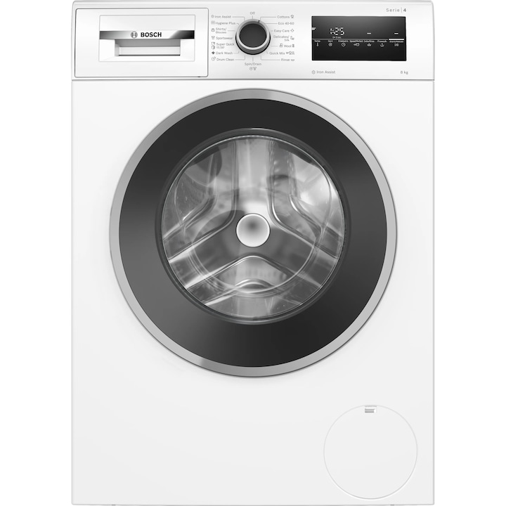 Masina de spalat rufe Bosch WAN2426NBY, 8 Kg, 1200 RPM, EcoSilence Drive, Iron Assist, Hygiene Plus, Control electronic/touch, program Dark colors, Speed Perfect, Clasa A, 60 cm, Alb/gri