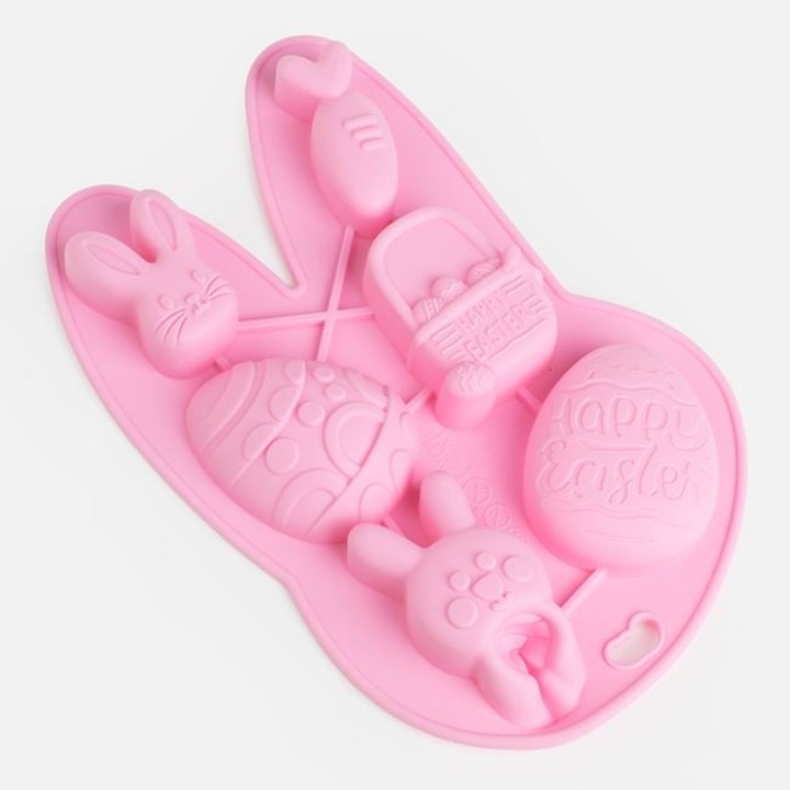 Forma Copt Silicon Paste Iepurasi Oua Matrita Prajituri Ciocolata Biscuiti Jeleu 6 Cavitati Roz 13x21cm
