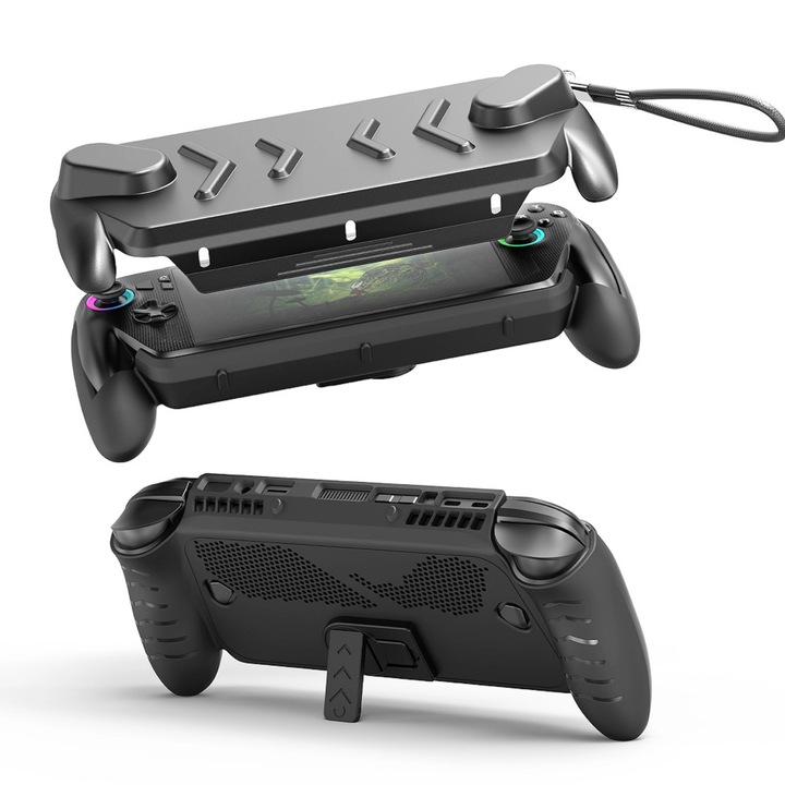 360°-os védőtok JYS-X153 ASUS ROG Ally & Ally X-hez, TPU anyag, Levehető előlap a képernyőhöz, Beépített kitámasztó, Ütésálló, Fekete