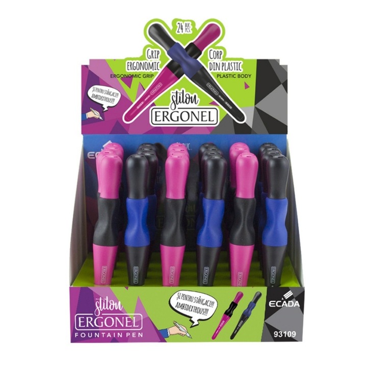Set 24 stilouri Ecada Ergonel, grip ambidextru, penita iridiu tip F, multicolor