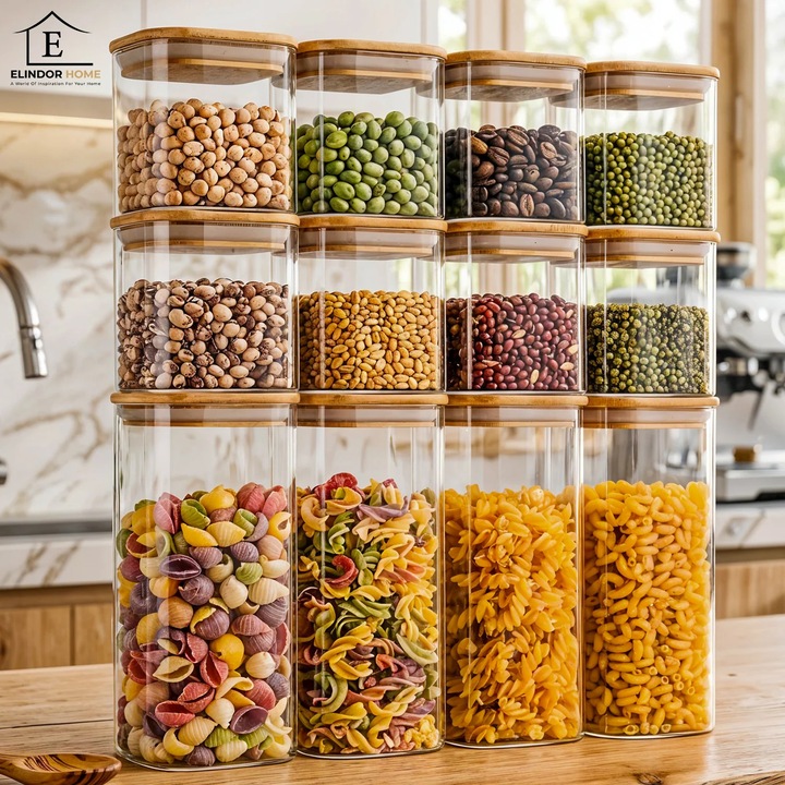 Set 12 Recipiente Depozitare Sticlă Borosilicată Elindor, Capac Etanș Bambus, 400 ml și 920 ml, Transparent, 8x10 cm și 8x20 cm