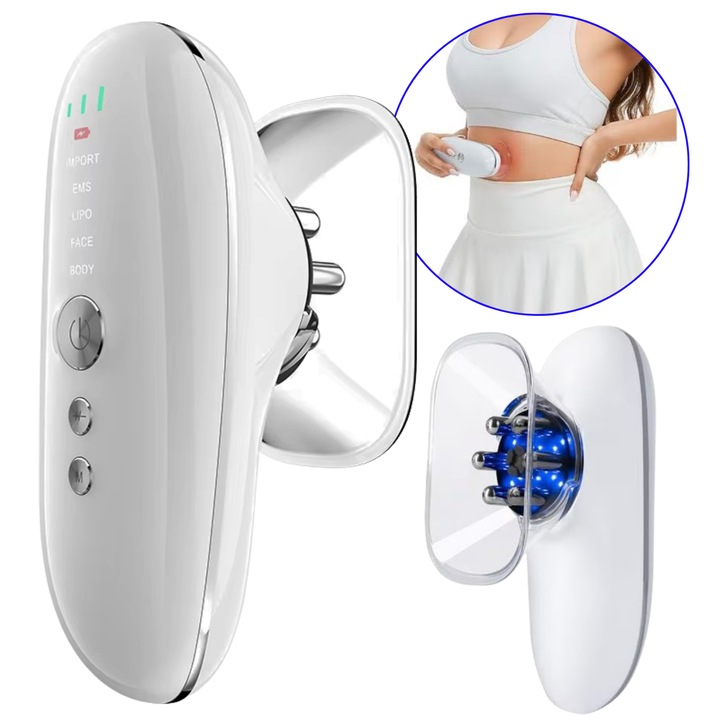 Aparat Multifunctional Profesional 5-in-1 pentru Remodelare Corporala si Ingrijire Faciala – Vacuum LIPO, Microcurent EMS, Terapie LED, Masaj Anticelulitic, 3 Trepte Intensitate, USB Reincarcabil, Pentru Fata, Gat, Abdomen, Coapse, Brate si Spate, Alb
