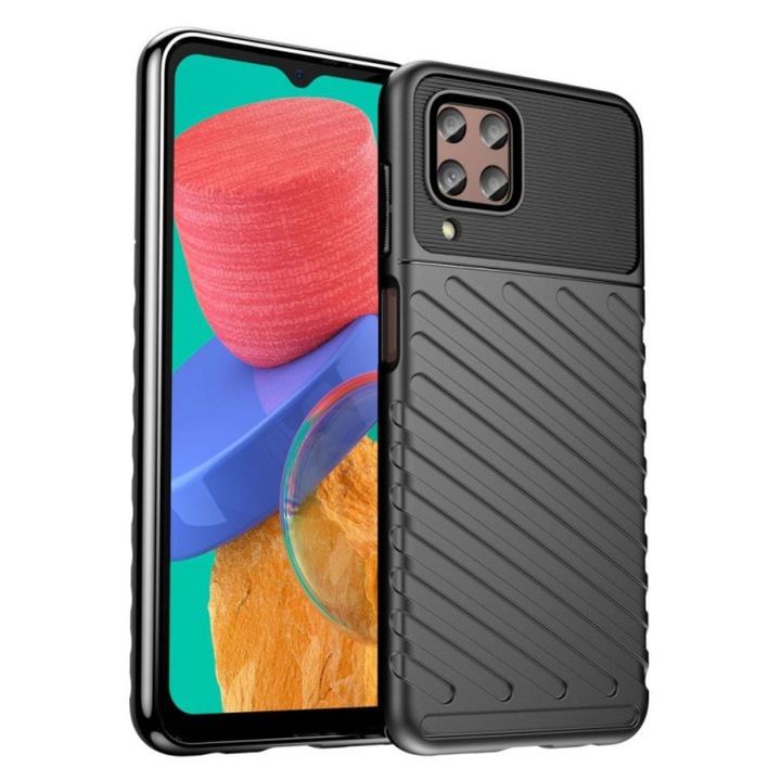 Husa Carbon Design, pentru Samsung Galaxy A22 4G, rezistenta la socuri, Shield Thunder, Negru