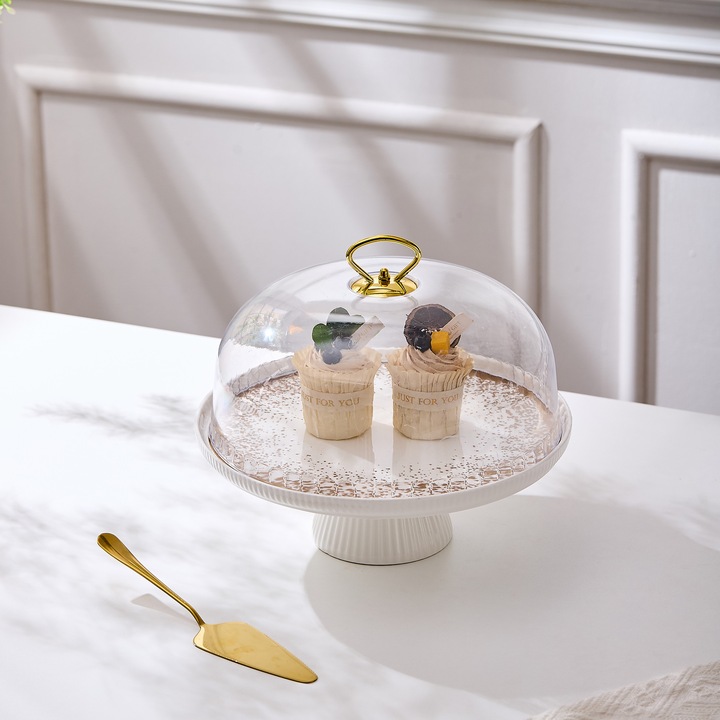 Platou tort din portelan cu picior si capac transparent, 27.5 cm - Snowing Collection