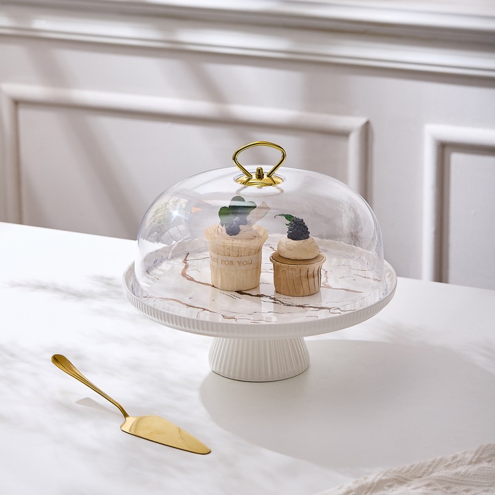 Platou tort din portelan cu picior si capac transparent, 27.5 cm - Marble Collection