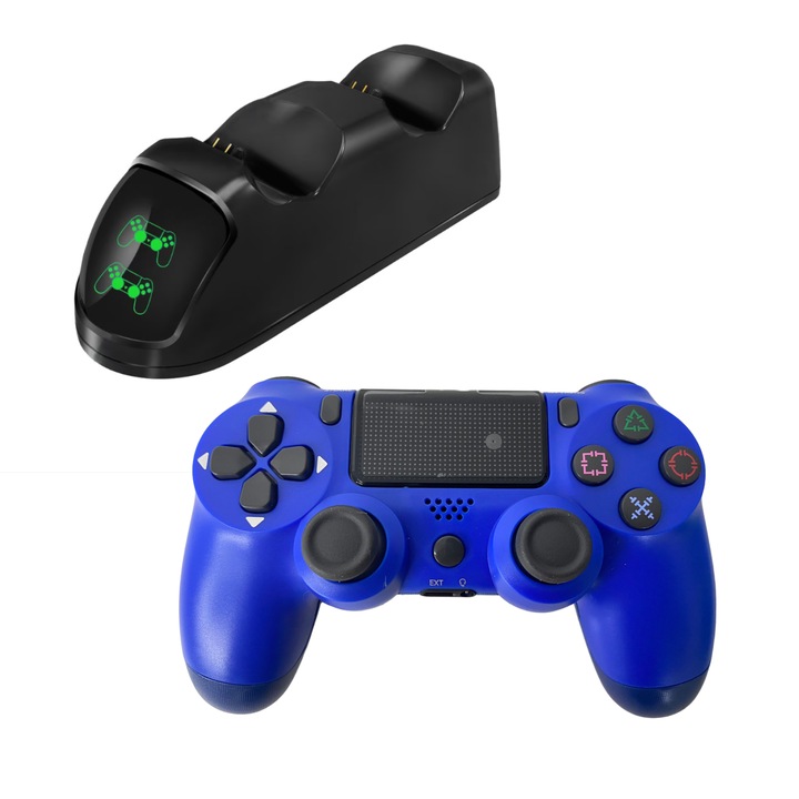 Set Controller Wireless PS4 si Statia Incarcare Duala, PS4, PS-TV si PS Now, Double Shock 4, Touch-SCR, Serie-Compatible HJS-DUAL, laptop, pad, phone, cu vibratii, cablu incarcator inclus albastru, HAPPY JOKER®