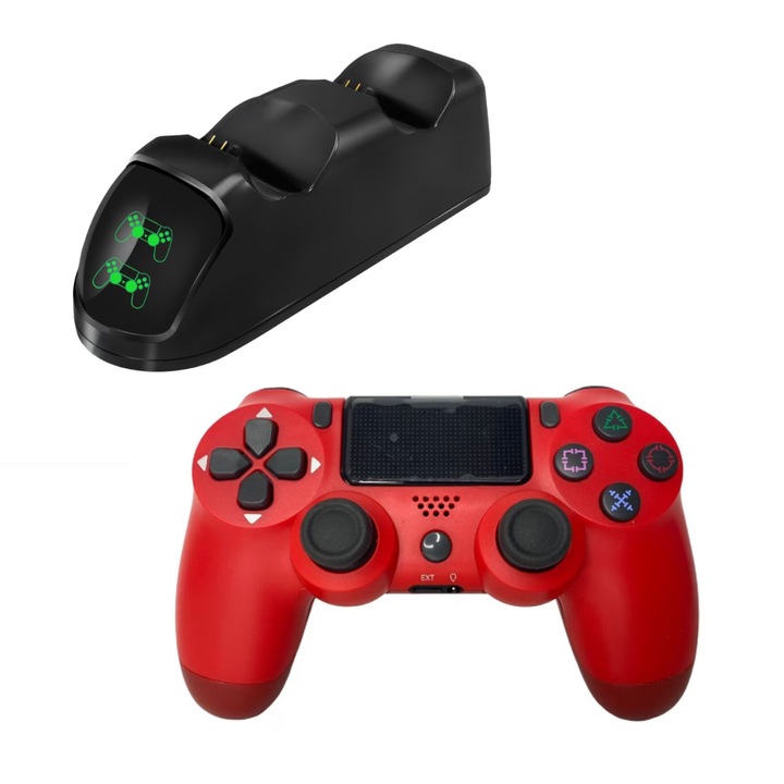 Set Controller Wireless PS4 si Statia Incarcare Duala, PS4, PS-TV si PS Now, Double Shock 4, Touch-SCR, Serie-Compatible HJS-DUAL, laptop, pad, phone, cu vibratii, cablu incarcator inclus rosu, HAPPY JOKER®